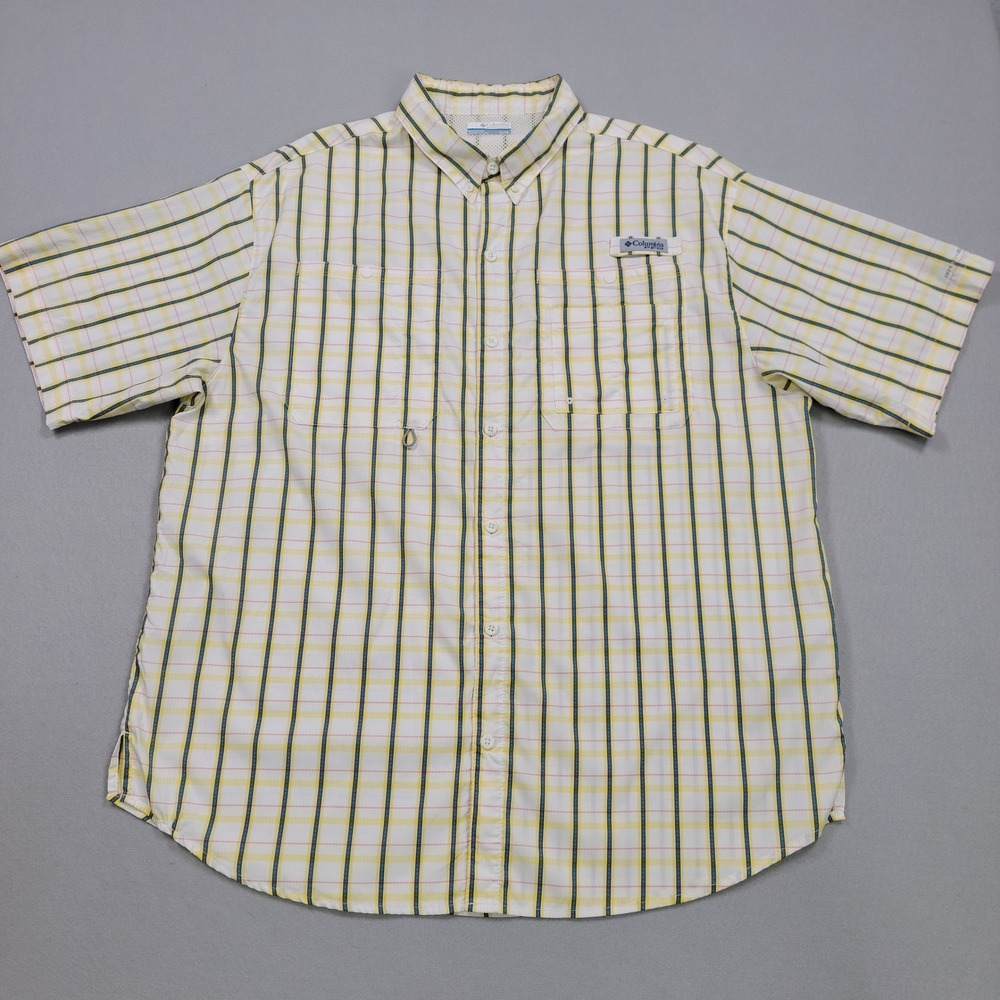 Columbia‎ PFG Mens XL Athleisure Plaid Fishing Shirt Yellow Blue White